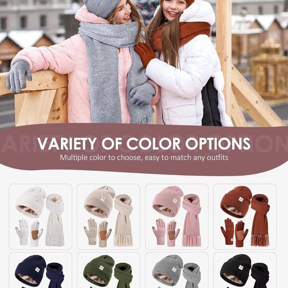 Trendy Women's Satin Lined Winter Beanie, Scarf & Touchscreen Gloves Set - Beige - Picture 6 of 7
